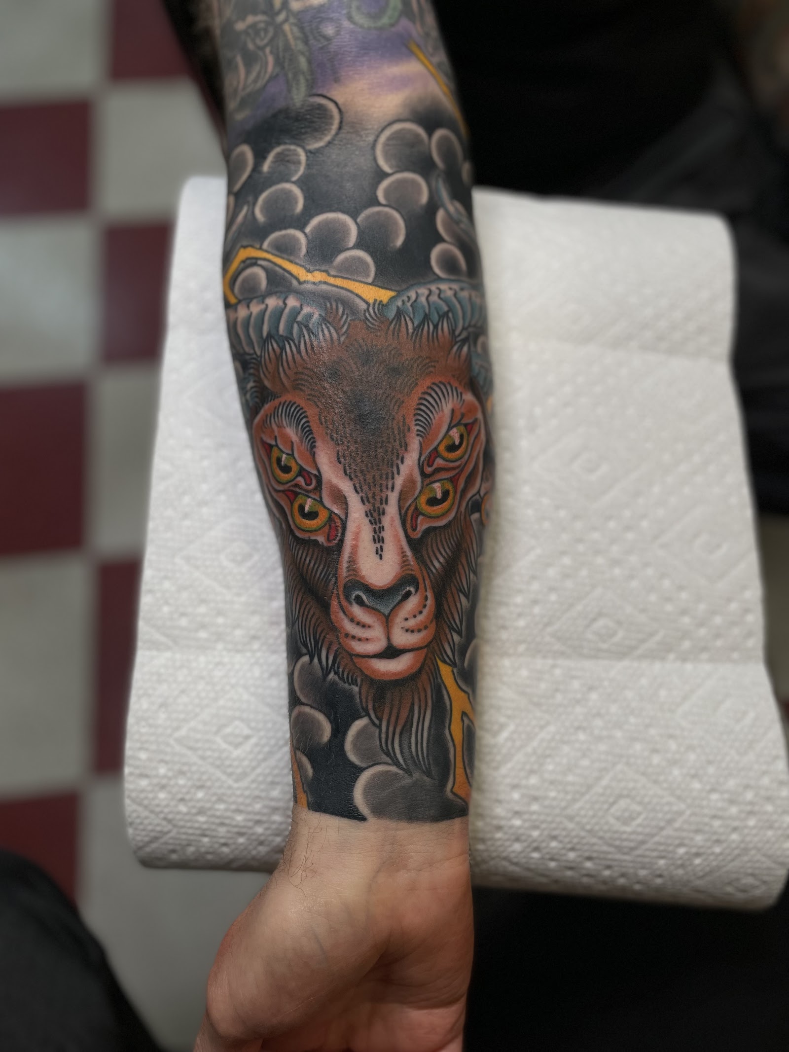 Detailed line work tattoo from Atlas Tattoo Studio