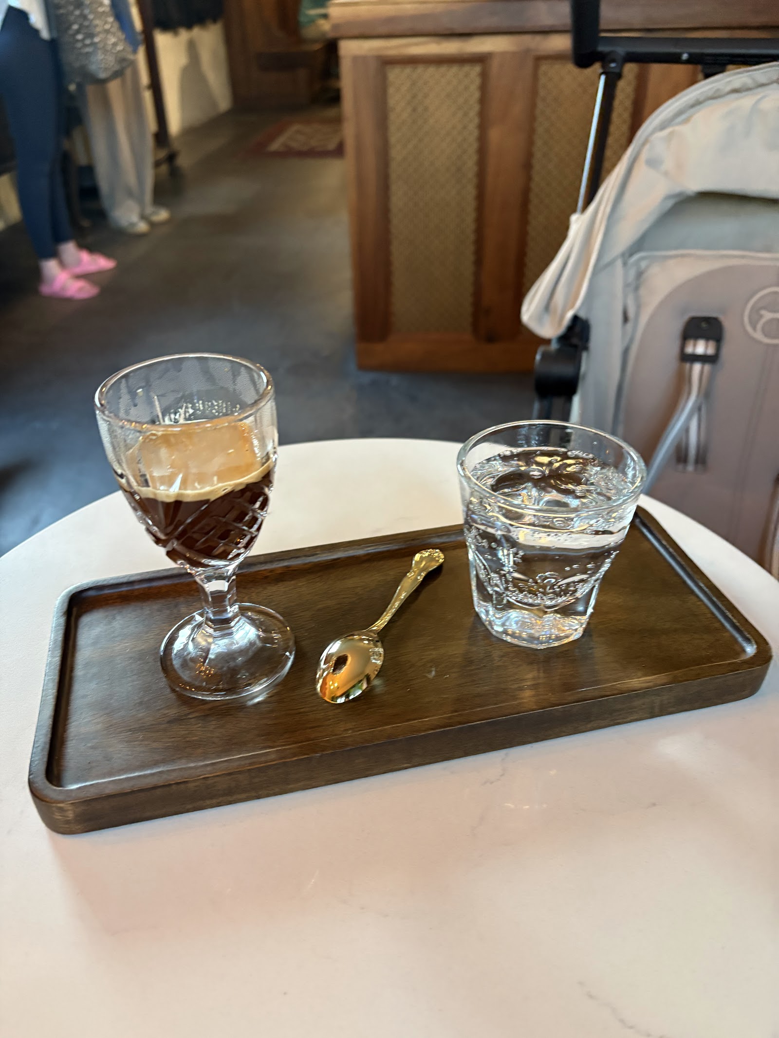 A drink on the counter inside Rowan Coffee